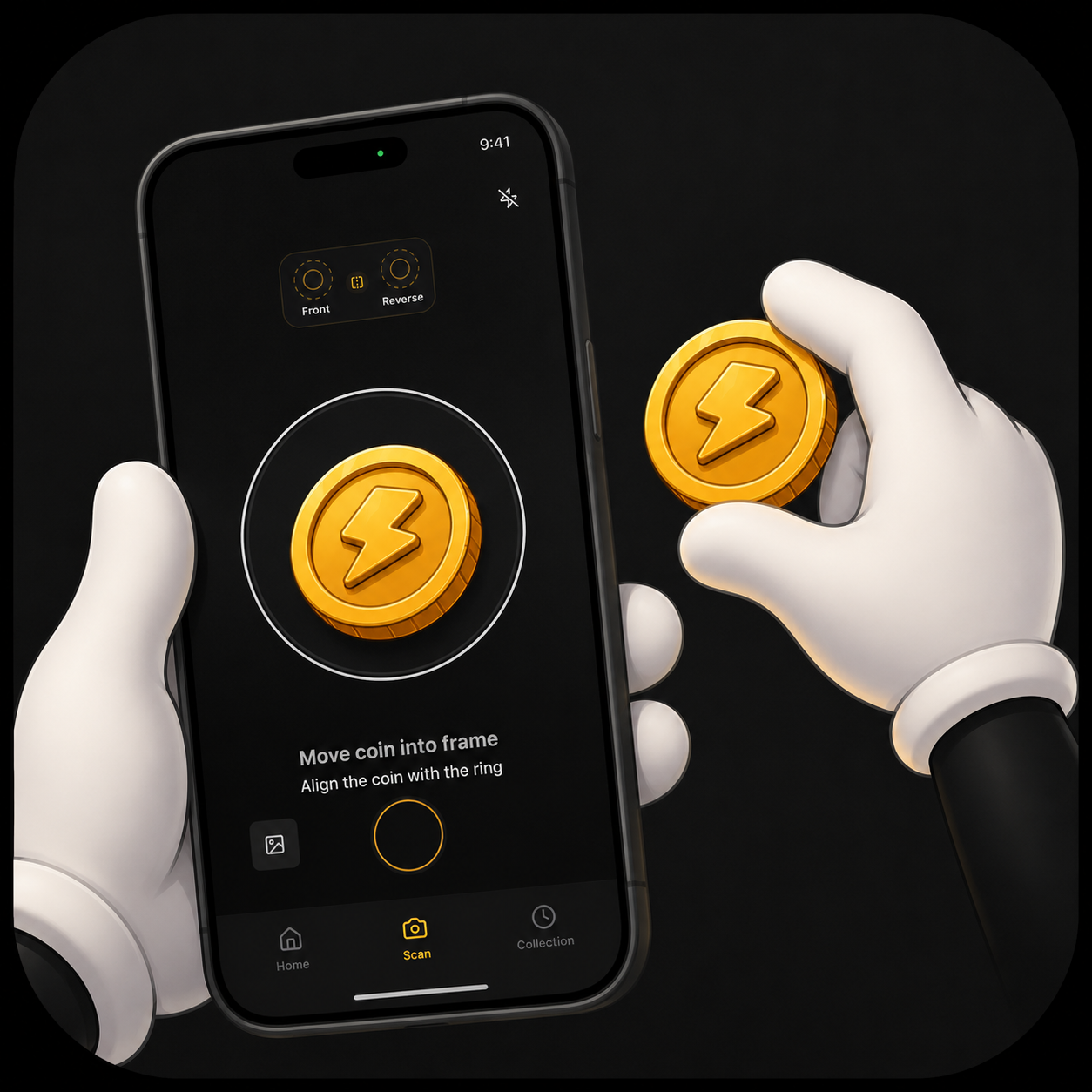 Nummio camera guide positioned over a coin